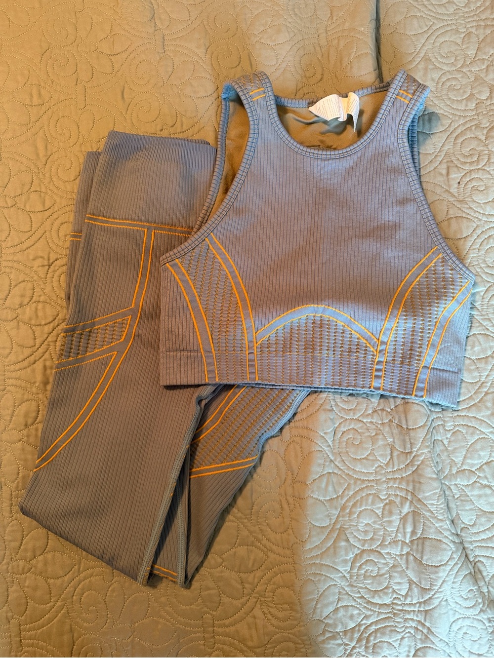 Fabletics Seamless Ribbed Workout Set Bra M Leggings S Blue Orange